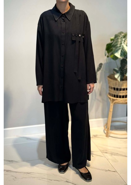 Tuniği Önden Düğmeli ve Boncuk Işlemeli Pantolonlu Takım 6938 Siyah