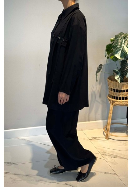 Tuniği Önden Düğmeli ve Boncuk Işlemeli Pantolonlu Takım 6938 Siyah fiyatları