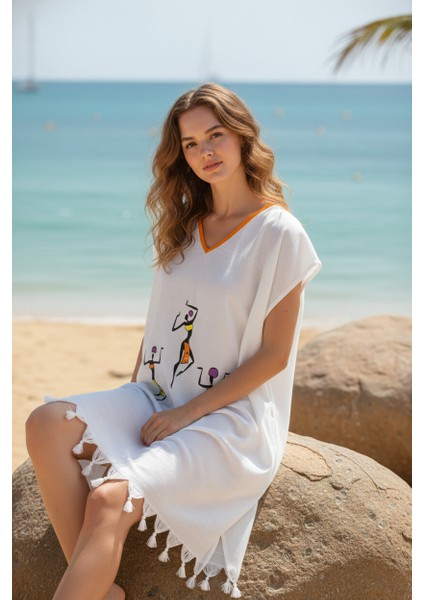 Plaj Elbisesi Viskon Pamuk Turuncu Biyeli Africa Desen S-M modelleri