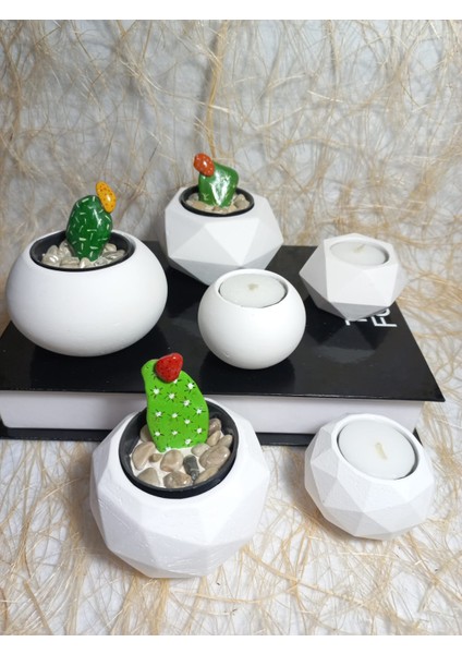 6 Parça Beyaz Ev ve Ofis Aksesuarı Sukulent/kaktüs Saksı, Mumluk Set Dekoratif Obje