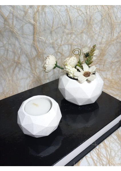 6 Parça Beyaz Ev ve Ofis Aksesuarı Sukulent/kaktüs Saksı, Mumluk Set Dekoratif Obje modelleri