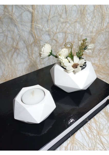 6 Parça Beyaz Ev ve Ofis Aksesuarı Sukulent/kaktüs Saksı, Mumluk Set Dekoratif Obje fırsatları