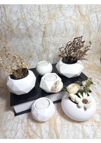 6 Parça Beyaz Ev ve Ofis Aksesuarı Sukulent/kaktüs Saksı, Mumluk Set Dekoratif Obje indirimleri