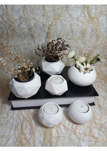6 Parça Beyaz Ev ve Ofis Aksesuarı Sukulent/kaktüs Saksı, Mumluk Set Dekoratif Obje