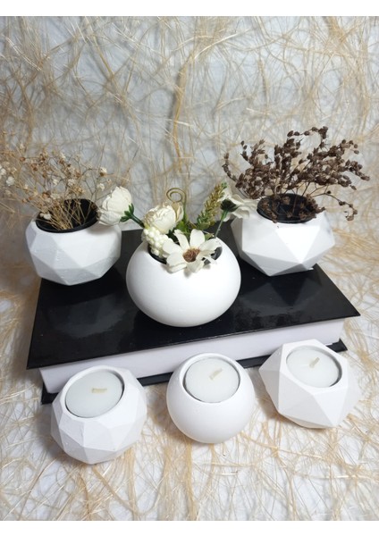 6 Parça Beyaz Ev ve Ofis Aksesuarı Sukulent/kaktüs Saksı, Mumluk Set Dekoratif Obje