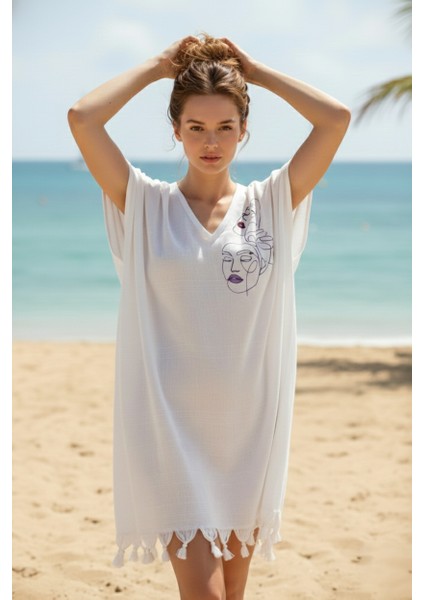 Plaj Elbisesi Viskon Pamuk Biyesiz Mask Desen L-Xl