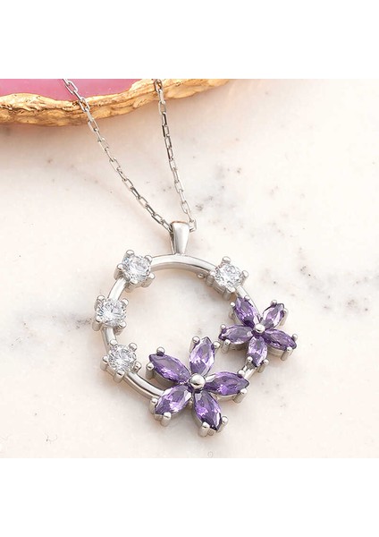925 Ayar Gümüş Mor Çiçek Kadın Kolye T7982 (944944)