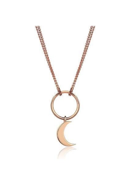 14 Ayar Altın Hilal Detaylı Çift Zincirli Kolye