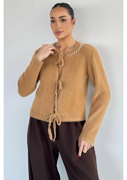 Kadın Ön Bağlamalı Inci Detaylı Yumoş Triko Ceket (S-M-L Uyumludur) P-00018059