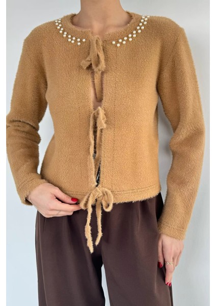 Kadın Ön Bağlamalı Inci Detaylı Yumoş Triko Ceket (S-M-L Uyumludur) P-00018059 modelleri