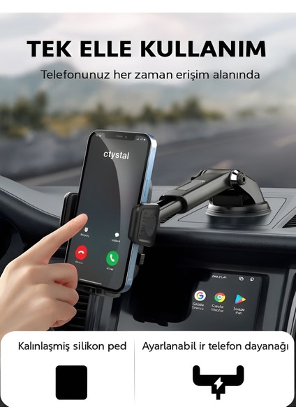 Ayna ve Torpido Montajlı Hidrolik Kanatlar 360° Dönebilen Başlık Vantuzlu Araç Içi Telefon Tutucu