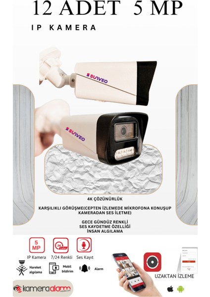 12 Kameralı 5 Mp Sesli Ip Güvenlik Kamerası Gece Renkli Yüz ve Araç Tanımalı Full Hd Kamera Sistemi fiyatları