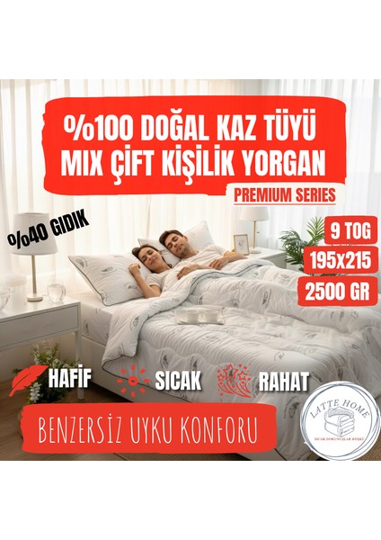 %100 Doğal Kaz Tüyü Mix Çift Kişilik Yorgan (195x215) – Premium Series, Ultra Hafif 9 TOG, 2500gr Özel Üretim