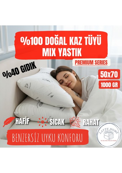 Kaz Tüyü Yastık 50x70 – Latte Home Premium Mix, 1000gr, Ultra Konfor & Doğal Dolgu
