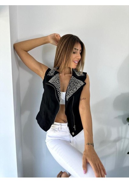 Kadın Siyah Jean Zımba Detaylı Biker Yelek modelleri