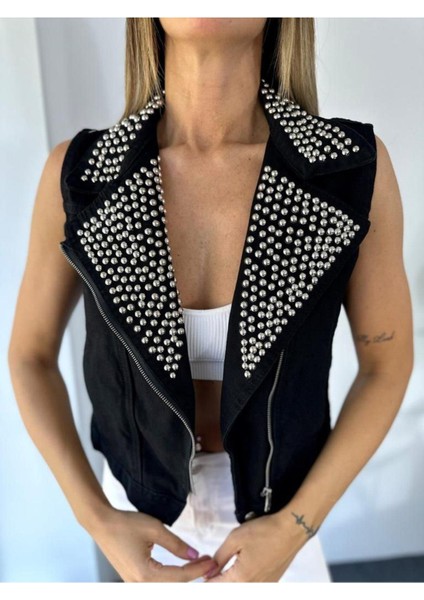 Kadın Siyah Jean Zımba Detaylı Biker Yelek fırsatları