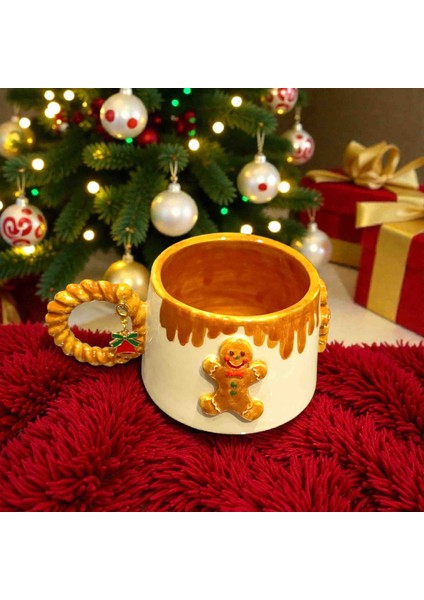 3D Kabartmalı Yeni Yıl 2026 Veya Harf Charm Hediyeli El Yapımı Seramik Kurabiye Adam Kupa Bardak Mug