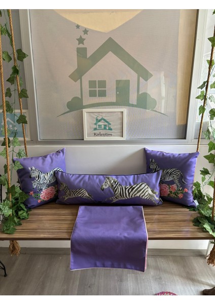 Mor Zemin E712 ve Çiçekli Zebra Düz - Kırlent Runner - 4lü Kombin Set