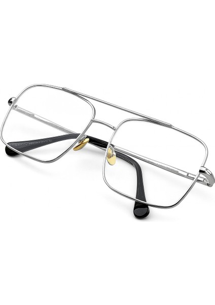 Unisex Gümüş Renk Kare Pilot Şeffaf Gözlük