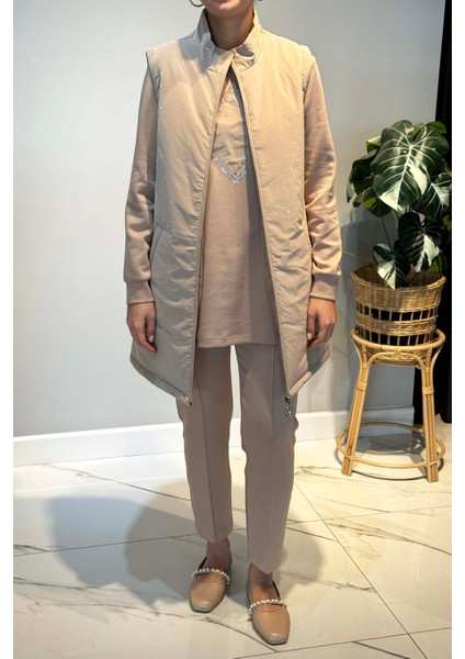 Taş Detay Kapitone Yelekli 3'lü Takım 25143 Bej fiyatları