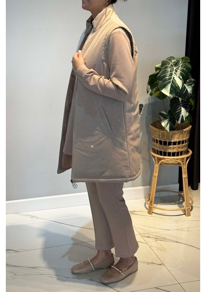 Taş Detay Kapitone Yelekli 3'lü Takım 25143 Bej modelleri