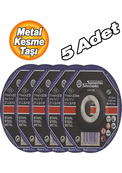 Metal Kesme Taşı 5 Adet 115X6X22MM Yüksek Performanslı Uzun Ömürlü Profesyonel Dayanıklı Kesici Disk