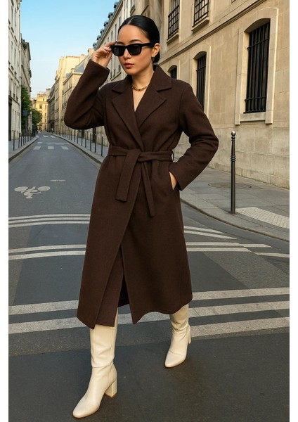 Kadın Trend Basic Uzun Kruvaze Kahve Kaşe Kaban