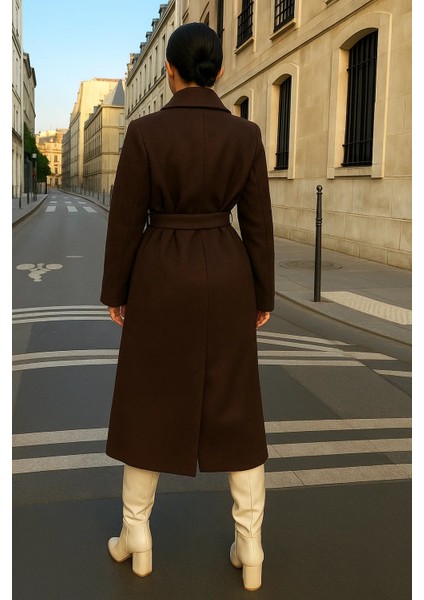 Kadın Trend Basic Uzun Kruvaze Kahve Kaşe Kaban