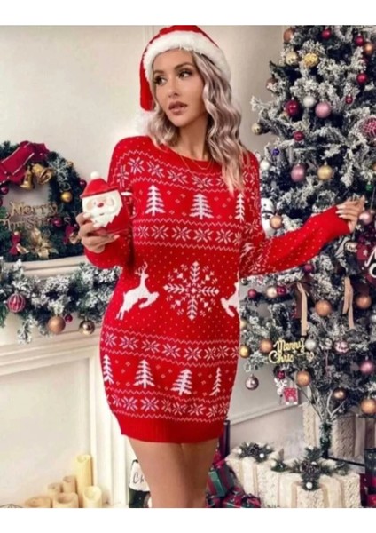 Yılbaşı Temalı Geyikli Çam Ağacı Desenli Triko Tunik