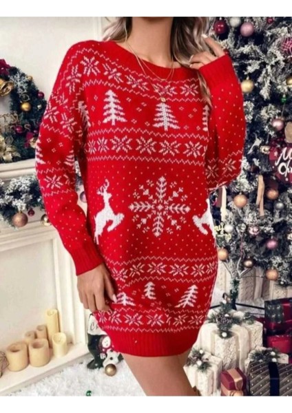 Yılbaşı Temalı Geyikli Çam Ağacı Desenli Triko Tunik modelleri