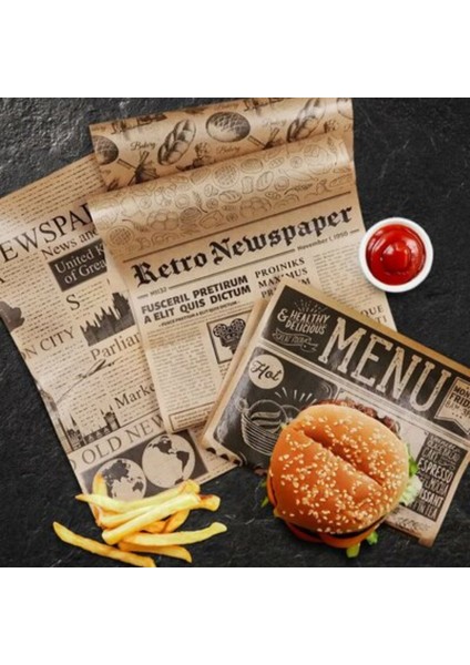 50'li Vintage Desenli Sunum Kağıdı – London & Food Bakery Temalı Yağlı Kağıt 25X35 cm | Retro Gazete Tasarım fiyatları