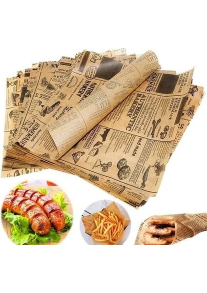 50'li Vintage Desenli Sunum Kağıdı – London & Food Bakery Temalı Yağlı Kağıt 25X35 cm | Retro Gazete Tasarım