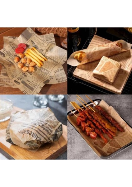 50'li Vintage Desenli Sunum Kağıdı – London & Food Bakery Temalı Yağlı Kağıt 25X35 cm | Retro Gazete Tasarım