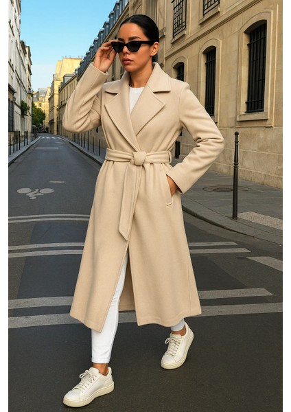 Kadın Trend Basic Uzun Kruvaze Krem Kaşe Kaban