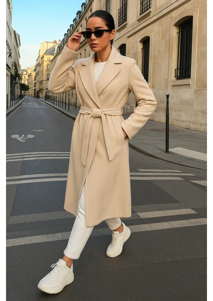 Kadın Trend Basic Uzun Kruvaze Krem Kaşe Kaban fiyatları