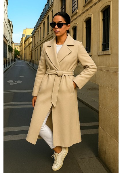 Kadın Trend Basic Uzun Kruvaze Krem Kaşe Kaban modelleri