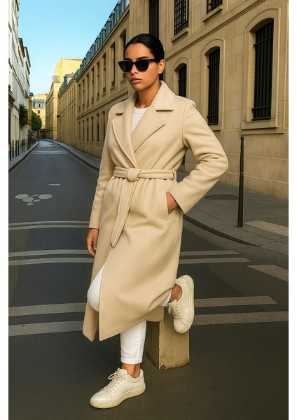 Kadın Trend Basic Uzun Kruvaze Krem Kaşe Kaban fırsatları