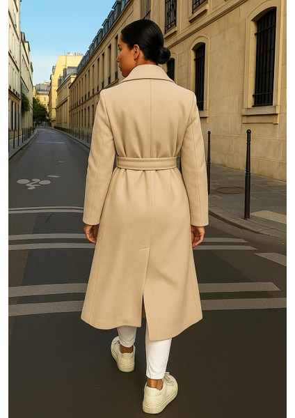 Kadın Trend Basic Uzun Kruvaze Krem Kaşe Kaban