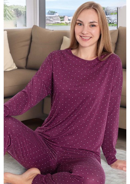 Kadın Puantiye Desen Uzun Kol Pijama Takımı 240987 Mürdüm fiyatları