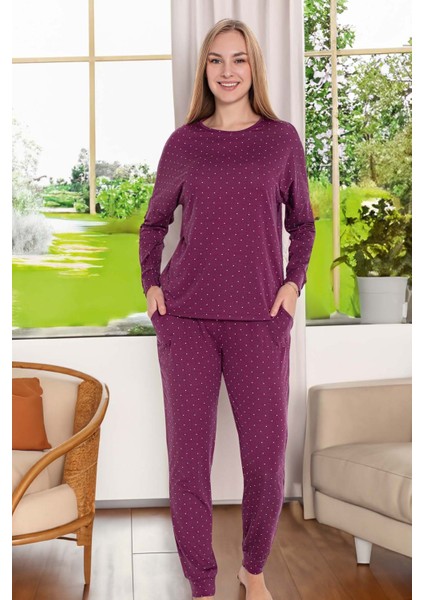 Kadın Puantiye Desen Uzun Kol Pijama Takımı 240987 Mürdüm modelleri