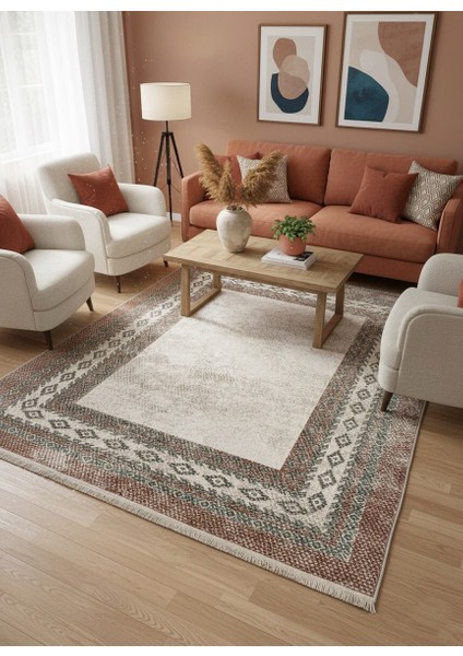 Bej-Kiremit Jüt Sisal Görünümlü Lateks Taban Halı