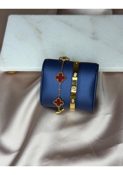 Kombin Ikili Bileklik Çiçek Desenli ve Kelepçe Gold Renkli