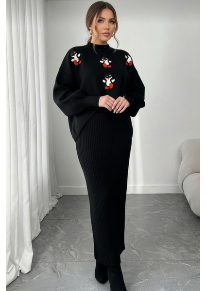 Siyah Fitilli Maxi Triko Elbise & Penguen Desenli Oversize Triko Kazak Ikili Set - Siyah