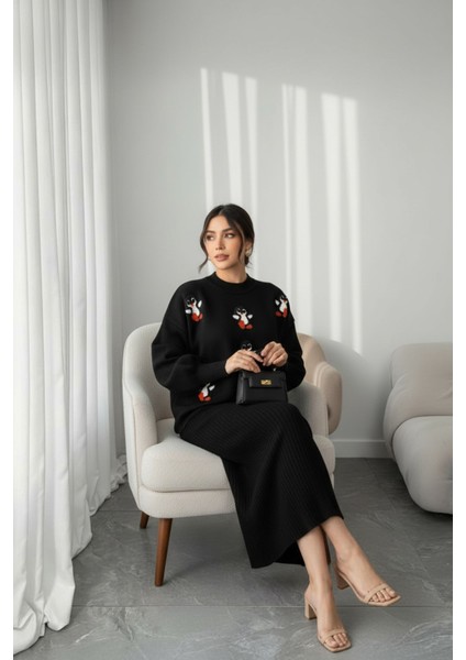Siyah Fitilli Maxi Triko Elbise & Penguen Desenli Oversize Triko Kazak Ikili Set - Siyah fiyatları