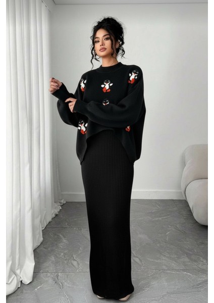Siyah Fitilli Maxi Triko Elbise & Penguen Desenli Oversize Triko Kazak Ikili Set - Siyah modelleri