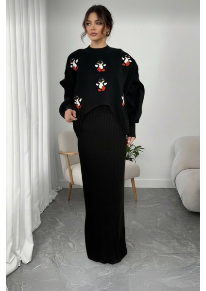 Siyah Fitilli Maxi Triko Elbise & Penguen Desenli Oversize Triko Kazak Ikili Set - Siyah indirimleri