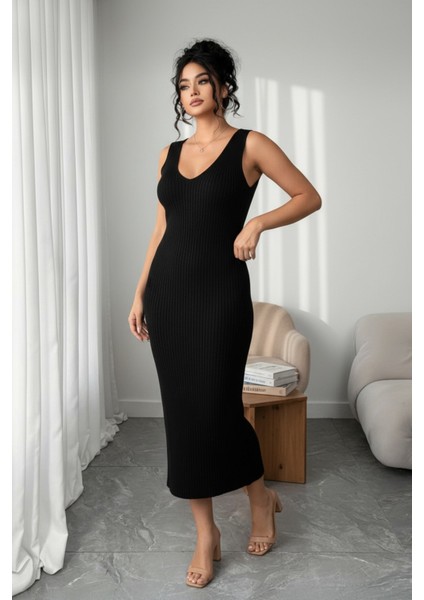 Siyah Fitilli Maxi Triko Elbise & Penguen Desenli Oversize Triko Kazak Ikili Set - Siyah