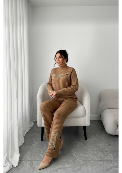 Fitilli Dokulu Inci Işlemeli Parmak Geçirmeli Yarım Balıkçı Yaka Triko Ikili Takım - Bej fiyatları