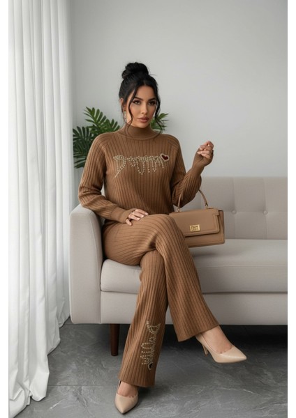 Fitilli Dokulu Inci Işlemeli Parmak Geçirmeli Yarım Balıkçı Yaka Triko Ikili Takım - Bej modelleri