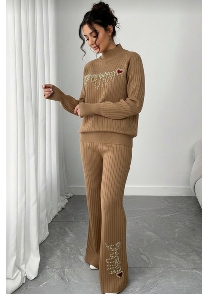 Fitilli Dokulu Inci Işlemeli Parmak Geçirmeli Yarım Balıkçı Yaka Triko Ikili Takım - Bej fırsatları